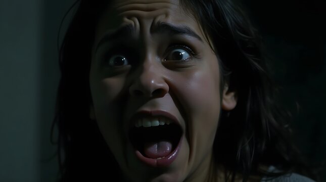 A woman screaming in terror in a dark environment. Her face is filled with fear and panic, perfect for horror or thriller concepts.