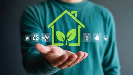 A person holds out their hand displaying a green house icon with leaves, representing ecofriendly living and sustainability
