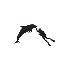 Silhouette of Scuba Diver Interacting with a Dolphin in the Ocean Depths