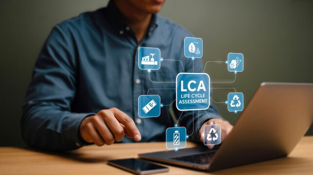 A person works on a laptop, interacting with a digital diagram showing lca life cycle assessment and related environmental icons, highlighting sustainability