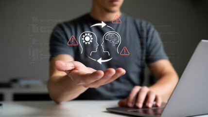 A person presents a concept of artificial intelligence and human thinking, with icons symbolizing data processing, learning, and potential risks
