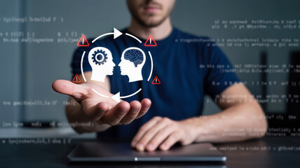 A person holds a digital representation of artificial intelligence, symbolizing the connection between human and machine learning
