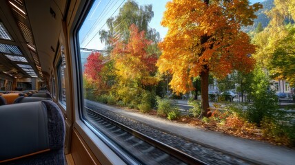 Obraz premium Autumn Train Passing Through Colorful Forest