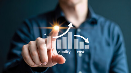 A persons finger points to a digital graph showing increasing quality and decreasing cost, illustrating business optimization