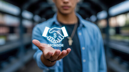 A man extends his open hand, showcasing a digital icon of a handshake with a dollar sign, symbolizing sponsorship and business partnerships
