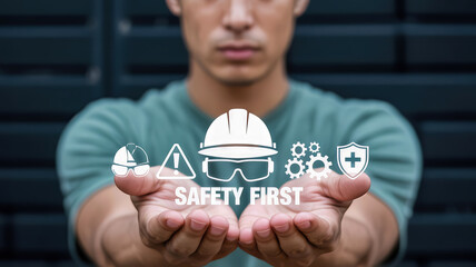 A man holds out his hands, displaying digital icons related to safety, including a hard hat, goggles, warning sign, gears, and a shield, emphasizing workplace safety
