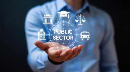 A man presents a glowing globe with interconnected icons representing the public sector, including government buildings, education, law, and transportation
