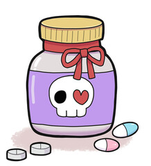 Hand-Drawn Creepy Cute Poison Bottle with Capsules and Skull