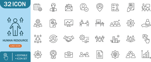 Human Resource Management Team Recruitment Business Strategy Line Icon Sethuman,resource,management,team,recruitment,business,strategy,icon,line,editable,set,employee,staff,profile,document,calendar,g