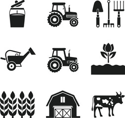 Farm Icons Set Agriculture Tractor Barn Cow Wheat
