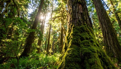 Fototapeta premium Lush forest canopy. Sunlight streams through trees