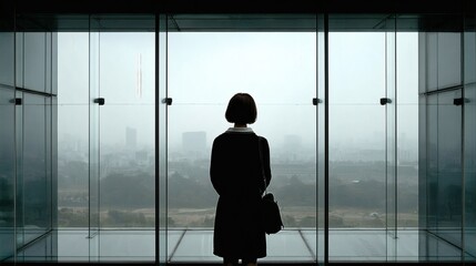 Back view of solitary figure near glass wall with misty view, symbolizing mental clarity and emotional silence Image 4K UHD
