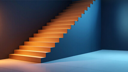 Naklejka premium A striking image of a long, bright orange staircase ascending against a deep blue wall, with subtle lighting creating a serene yet dynamic abstract architectural scene.