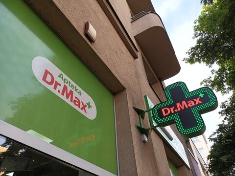 Dr. Max pharmacy entrance sign in Poznan, Poland