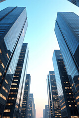 Fototapeta premium Upward wide-angle view of modern corporate skyscrapers with glass reflections and open blue sky, symbolizing business growth, financial ambition, and real estate development in urban city centers.