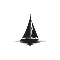Silhouette of a sailboat sailing on calm water with reflected image