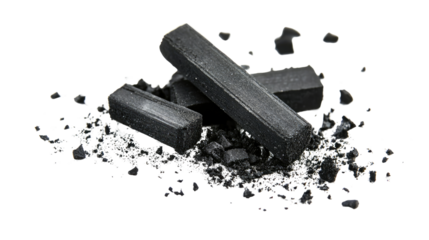 Black chalk pieces with flying dust explosion effect and powder particles in motion isolated on white background