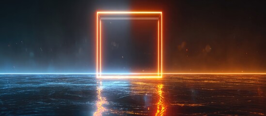Neon rectangle portal over water