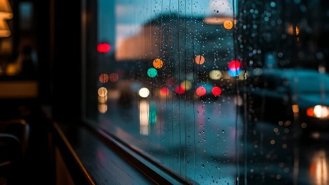 Rainy city night seen through a window: city lights blur, cars pass. Perfect for backgrounds, moody ambience, urban themes, relaxation videos, and atmospheric visuals.