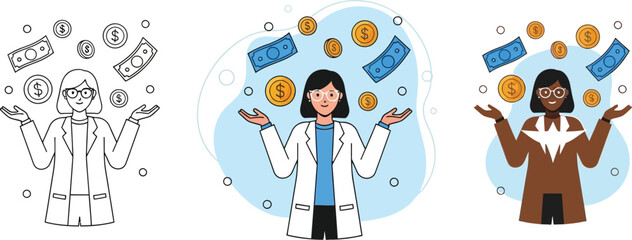 Diverse women in lab coats are depicted with money falling around them, symbolizing financial success, investment, and prosperity in science and business ventures.