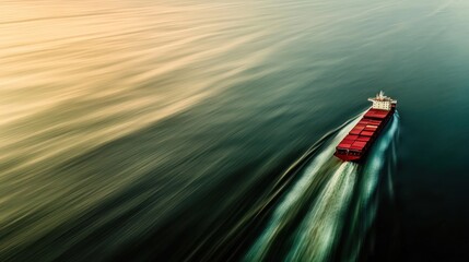 Cargo Ship's Dynamic Journey: Motion Blur Over Ocean Waters, Aerial View.