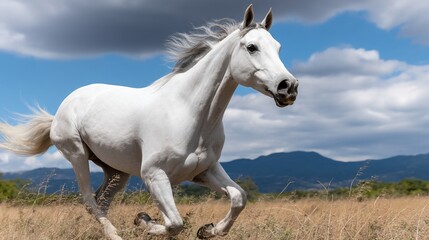 Obraz premium Majestic white horse galloping across a field under a partly cloudy sky