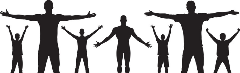 Silhouette of group celebration with arms outstretched — unity, teamwork, success, empowerment, victory, togetherness, motivation, dynamic illustration isolated on white background