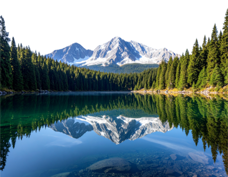 Rocky Mountain Lake with Reflection of Pine Forest and Snowy Peaks, Front Scenic View, Transparent Background - Powered by Adobe