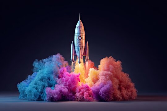 Rocket launch in vibrant colored smoke
