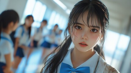 Tearful student stands out in the school hallway, expressing sadness amidst a sea of classmates passing by.