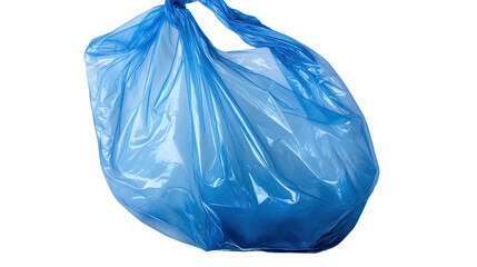 Fototapeta premium Blue empty plastic bag top view with handles and crumpled texture for packaging or shopping use isolated on white background