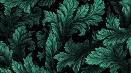 Fototapeta premium Dark teal, ornate, stylized foliage pattern on black background; lush, detailed, swirling leaves create a rich, seamless texture
