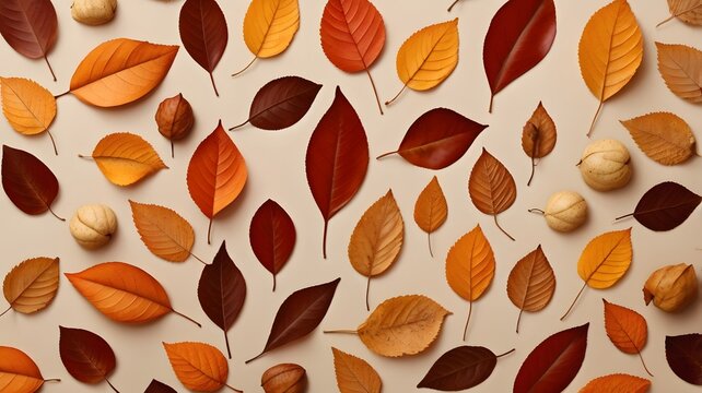 Autumn leaves background. Flat lay, top view, copy space