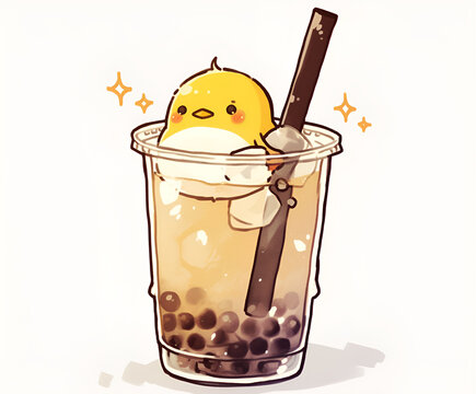 Cute chibi bubble tea with adorable yellow chick character