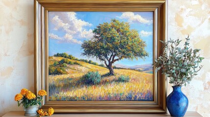Oil Painting of a Lone Tree in a Golden Field, Framed, Floral Arrangement.