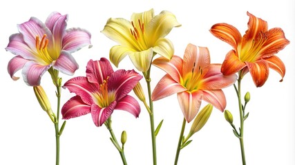 Vibrant Assortment of Daylilies in Full Bloom Against a White Backdrop