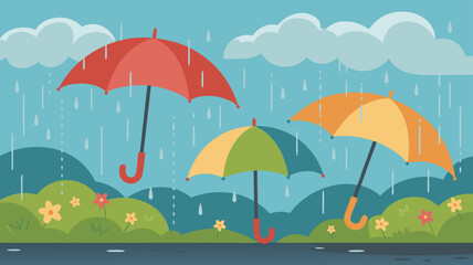 Fototapeta premium Vector SVG Illustration of Colorful Umbrellas in Rainy Scene Modern Flat Design Bright Colors