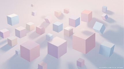 Softly lit pastel cubes of varying sizes float against a pale background, casting delicate shadows, creating a serene, minimalist 3D composition
