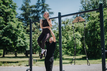 Fitness enthusiasts practicing outdoor training on a pull-up bar in a park setting, with vibrant...