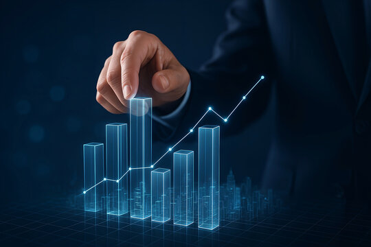 Business hand touching digital growth chart representing successful investment and financial progress visualization