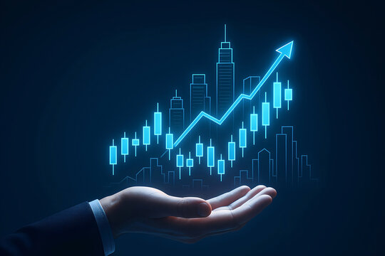 Business hand holding a rising stock chart displaying growth in the financial market with city skyline backdrop