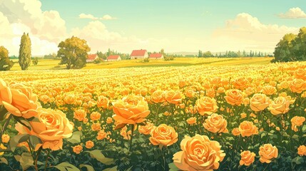 A vast field of vibrant yellow roses stretches towards a rural landscape.