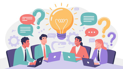 Vector SVG Illustration of Business Meeting with Light Bulb and Speech Bubbles in Modern Flat Style