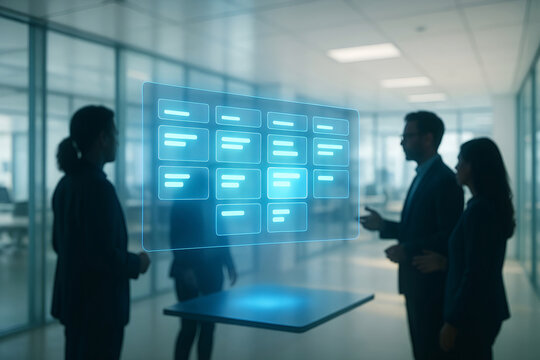 Business professionals interacting with a futuristic holographic interface displaying data information