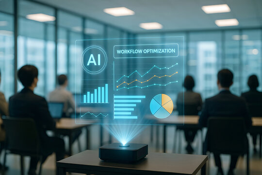 Business professionals engage in ai workflow optimization training session focused on data analysis and performance visualization