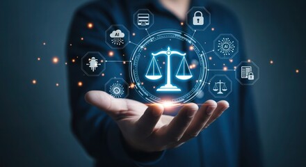 A person holds a digital scale of justice, representing modern legal concepts and technology.