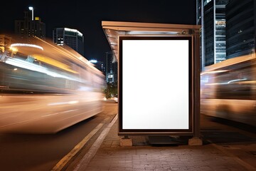 City bus stop at night with blank billboard