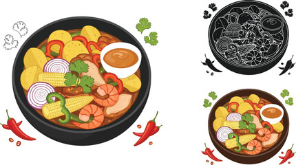 A vibrant illustration showcases a bowl of delicious Filipino sinigang soup, featuring shrimp, pork, potatoes, corn, onions, and peppers, alongside a spicy chili pepper garnish.