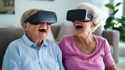 Senior Couple Experiencing Virtual Reality Together at Home Joyful Moment Indoor Relaxed Environment