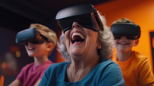 Senior Woman Enjoying Virtual Reality Experience with Children Home Setting Fun Activity Joyful Atmosphere